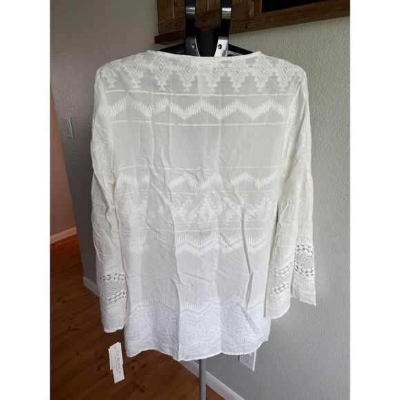 NWT La Blanca White Embroidered Eyelet V Neck Swim Cover Up Dress Bell Sleeves M - Picture 3 of 6